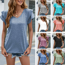 Load image into Gallery viewer, Women Casual V-Neck Irregular Lotus Leaf Sleeves T-shirt