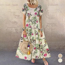 Load image into Gallery viewer, Vintage Cotton Linen Floral Print Short Sleeve Crew Neck Dress