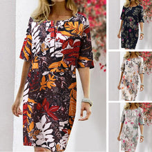 Load image into Gallery viewer, Floral Print Split O-neck Half Sleeve Casual Cotton Dress