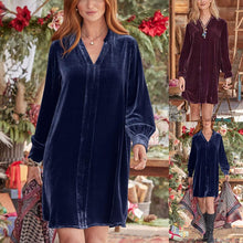 Load image into Gallery viewer, Long-Sleeve V-Neck Panel Gold Velvet Dress