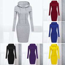 Load image into Gallery viewer, Women Stripes Pocket Knee Length Slim Casual Pullover Hoodie Dress