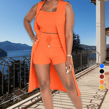 Load image into Gallery viewer, 3PCS Ribbed Crop Tank Top & Shorts Set With Vest Cardigan