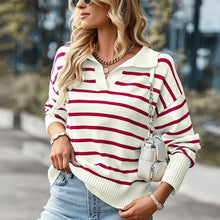 Load image into Gallery viewer, Lapel Striped Long Sleeve Sweater