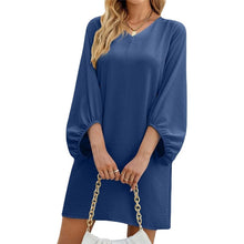 Load image into Gallery viewer, Solid Color V-Neck Puff Sleeve Loose Dress