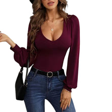 Load image into Gallery viewer, Balloon Sleeve U-Neck Slim Knit Tops
