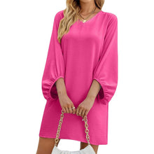 Load image into Gallery viewer, Solid Color V-Neck Puff Sleeve Loose Dress