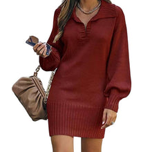 Load image into Gallery viewer, Lapel Lantern Sleeve Knit Solid Color Sweater Dress