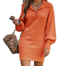 Load image into Gallery viewer, Lapel Lantern Sleeve Knit Solid Color Sweater Dress