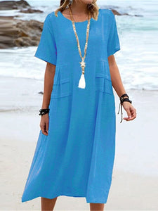 Round neck cotton and linen midi dress for women