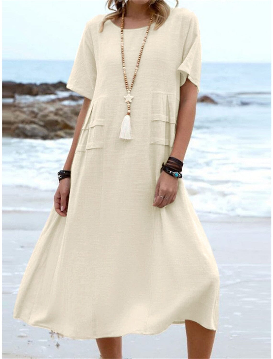 Round neck cotton and linen midi dress for women