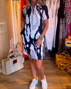 Printed lapel short sleeve dress