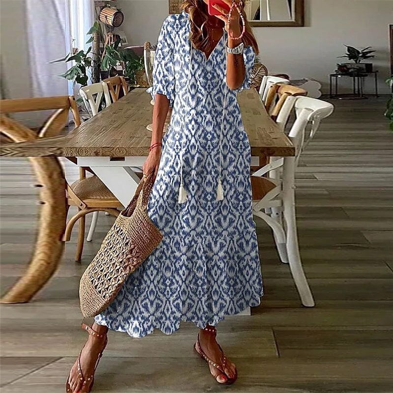 Loose V Neck Printed Long Dress