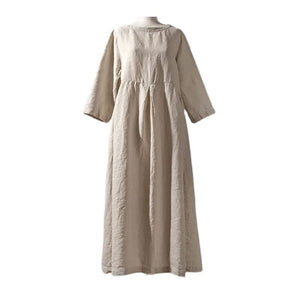 Cotton Linen Round Neck Solid Color Dress