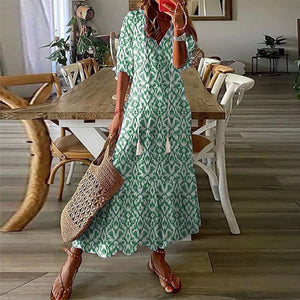 Loose V Neck Printed Long Dress