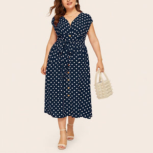 Polka Dot Waist V-Neck Dress