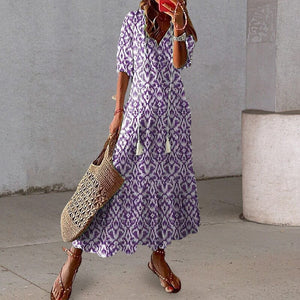 Loose V Neck Printed Long Dress