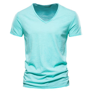 Plain Slub Cotton V-neck T-shirt