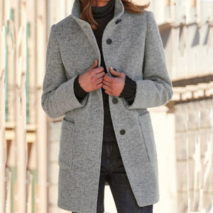 Solid Color Button Stand Collar Woolen Jacket