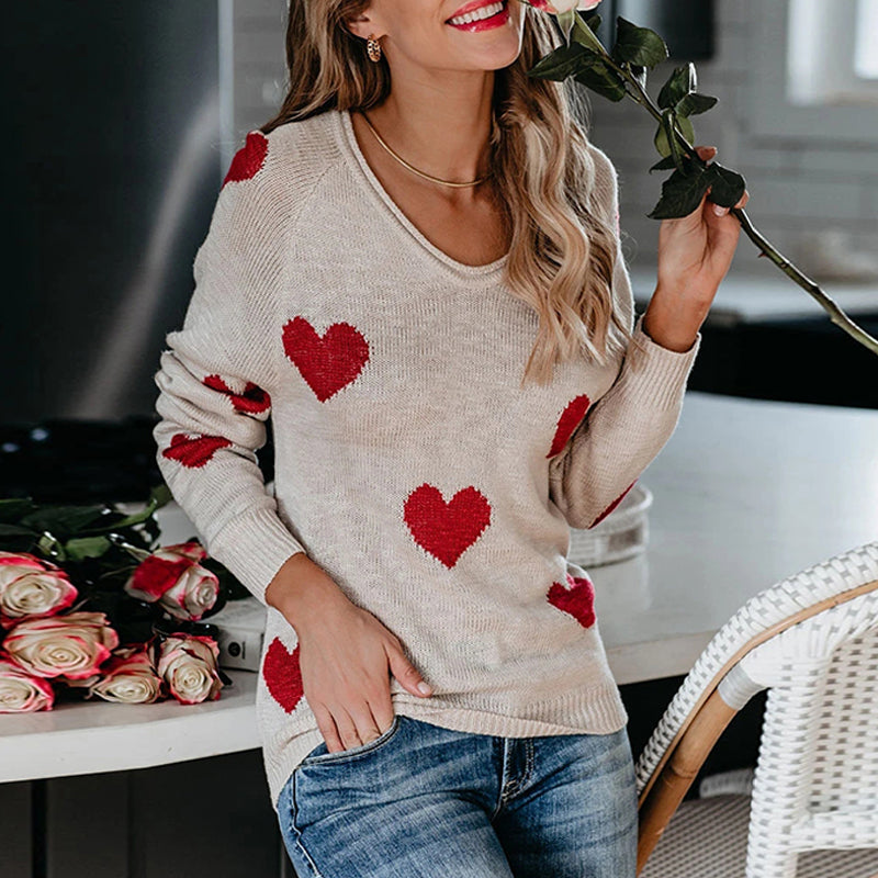 Heart V-Neck Knit Long Sleeve Sweater