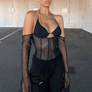 Mesh Sheer Off Shoulder Halter Top