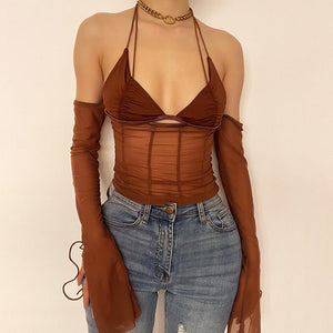 Mesh Sheer Off Shoulder Halter Top
