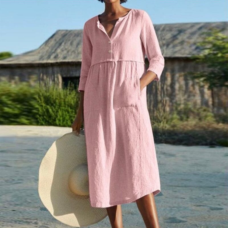Cotton Linen Solid Color Long Dress with Pockets