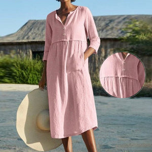 Cotton Linen Solid Color Long Dress with Pockets