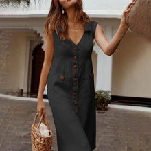 Load image into Gallery viewer, Ladies V-Neck Single Breasted Slim Fit Cotton Linen Dress
