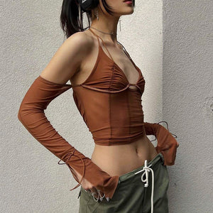 Mesh Sheer Off Shoulder Halter Top