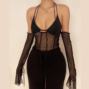 Mesh Sheer Off Shoulder Halter Top