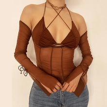 Load image into Gallery viewer, Mesh Sheer Off Shoulder Halter Top
