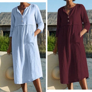 Cotton Linen Solid Color Long Dress with Pockets