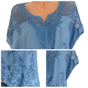 Embroidered Batwing Short Sleeve Shirt