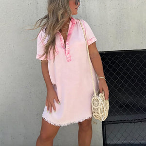 Denim Skirt Dress with Fringed Hem