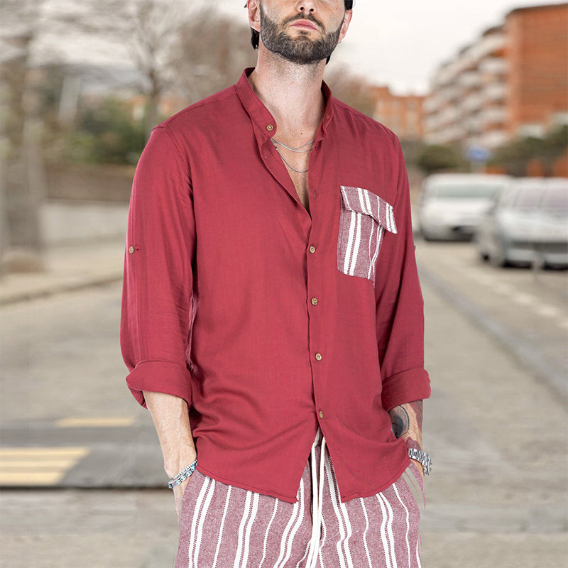 Men's Summer Color Contrast Patchwork Lapel Casual Shirt