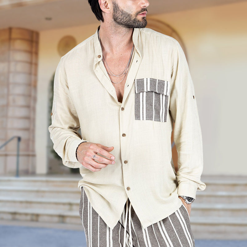 Men's Summer Color Contrast Patchwork Lapel Casual Shirt