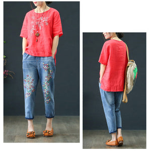 Retro Style Embroidered Loose Jeans
