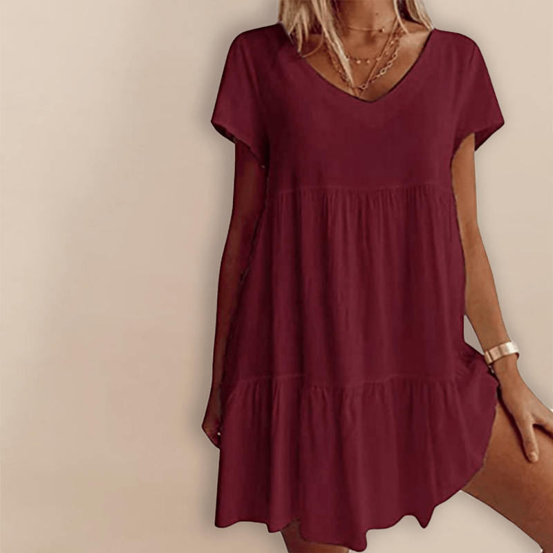 Cotton-Blend V Neck Casual Short Sleeve Weaving Dress
