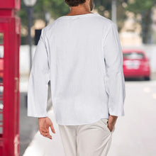 Load image into Gallery viewer, Men&#39;s Cotton Linen Casual Lace-Up V-Neck Long Sleeve T-Shirt
