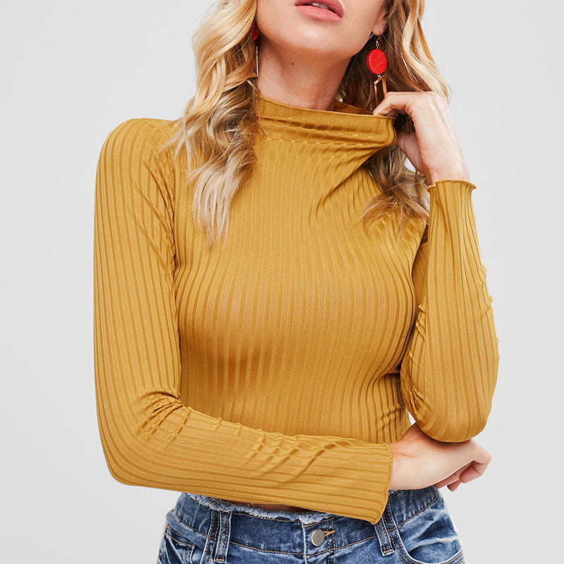 Half Turtleneck Solid Color Long Sleeve Knit T-Shirt