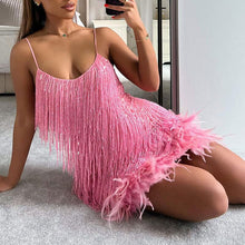Load image into Gallery viewer, Women&#39;s Feather Fringe Sequin Spaghetti Strap Dress
