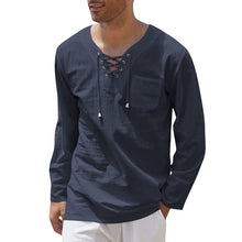 Load image into Gallery viewer, Men&#39;s Cotton Linen Casual Lace-Up V-Neck Long Sleeve T-Shirt
