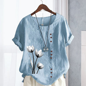 Cotton Linen Print Vintage T-Shirt