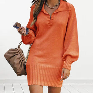 Lapel Lantern Sleeve Knit Solid Color Sweater Dress