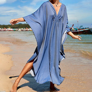Loose V neck Plus Size Long Solid Color Bikini Cover-Up