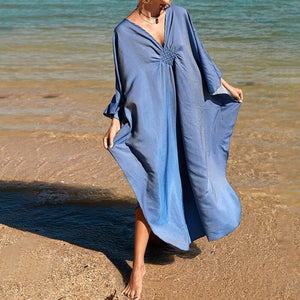 Loose V neck Plus Size Long Solid Color Bikini Cover-Up
