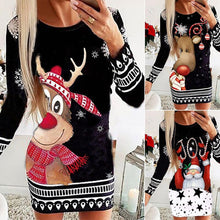 Load image into Gallery viewer, Long Sleeve Round Neck Pullover Christmas Print Sexy Pack Hip Dress
