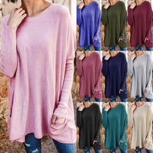 Load image into Gallery viewer, Round Neck Long Sleeve Loose Pocket Solid T-Shirt
