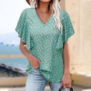 Short-sleeved blouse with V-neck and flower print
