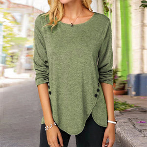 Irregular Button Long Sleeve Crew Neck Casual T-Shirt